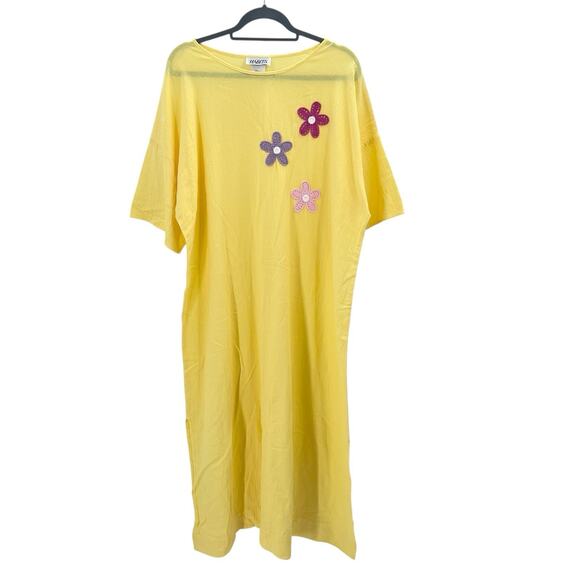 Vintage 70s Habits Yellow Crinkle Embellished House Beach Maxi Shirt Dress Large - Picture 1 of 6